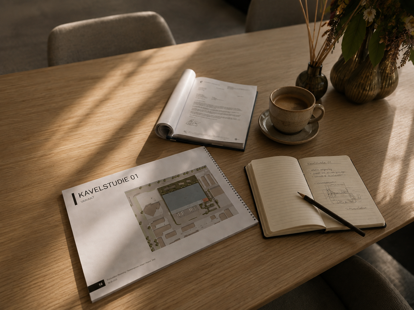 Oak table in low afternoon light with a plot study, notebook, pencil and a cup of coffee
