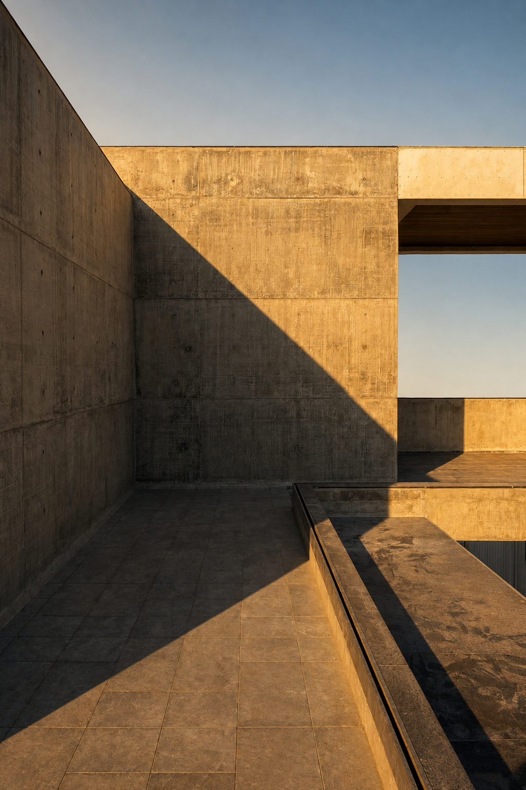 Brutalist concrete architecture, warm sunlight casting sharp diagonal shadows across walls and floor, a rectangular opening to pale sky