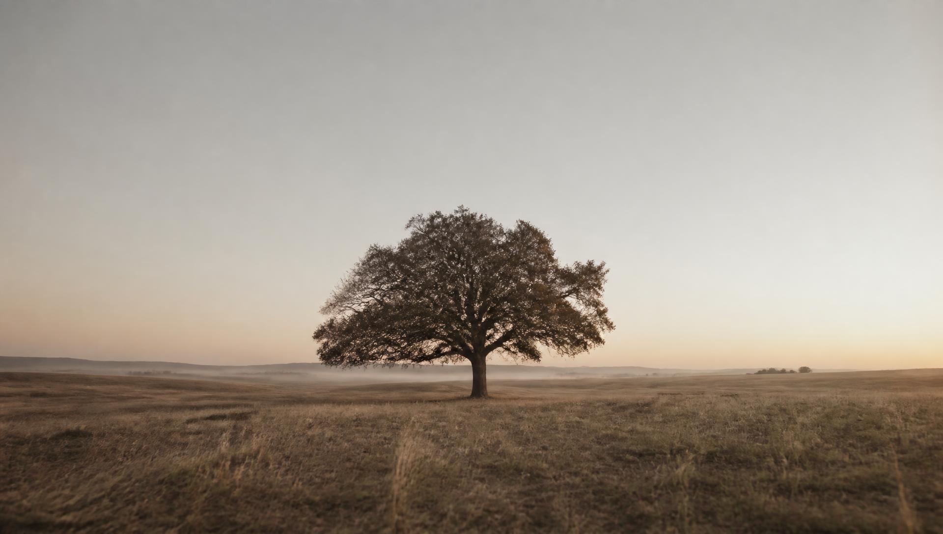 A single oak standing in an open field at dusk, low mist across the ground